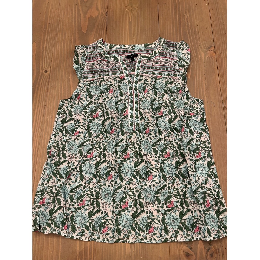 F20 Talbots Petite MP Floral Sleeveless Blouse Ruffle Shoulder Split Neck Top
